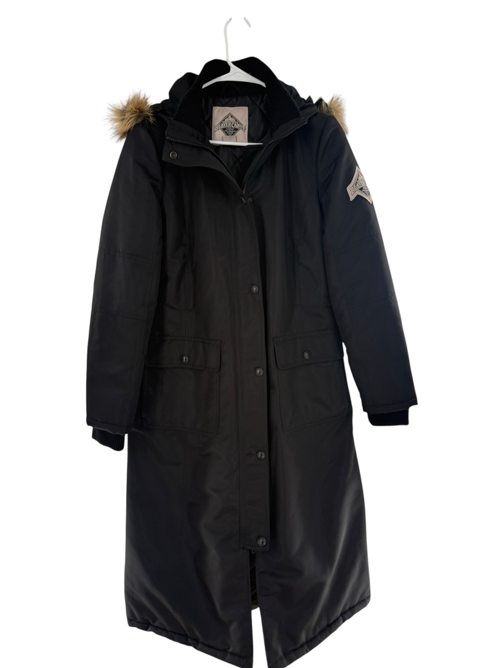 Beaver Canoe Coat Womens Medium Black Long Quilted Faux Fur Hooded Winter Parka